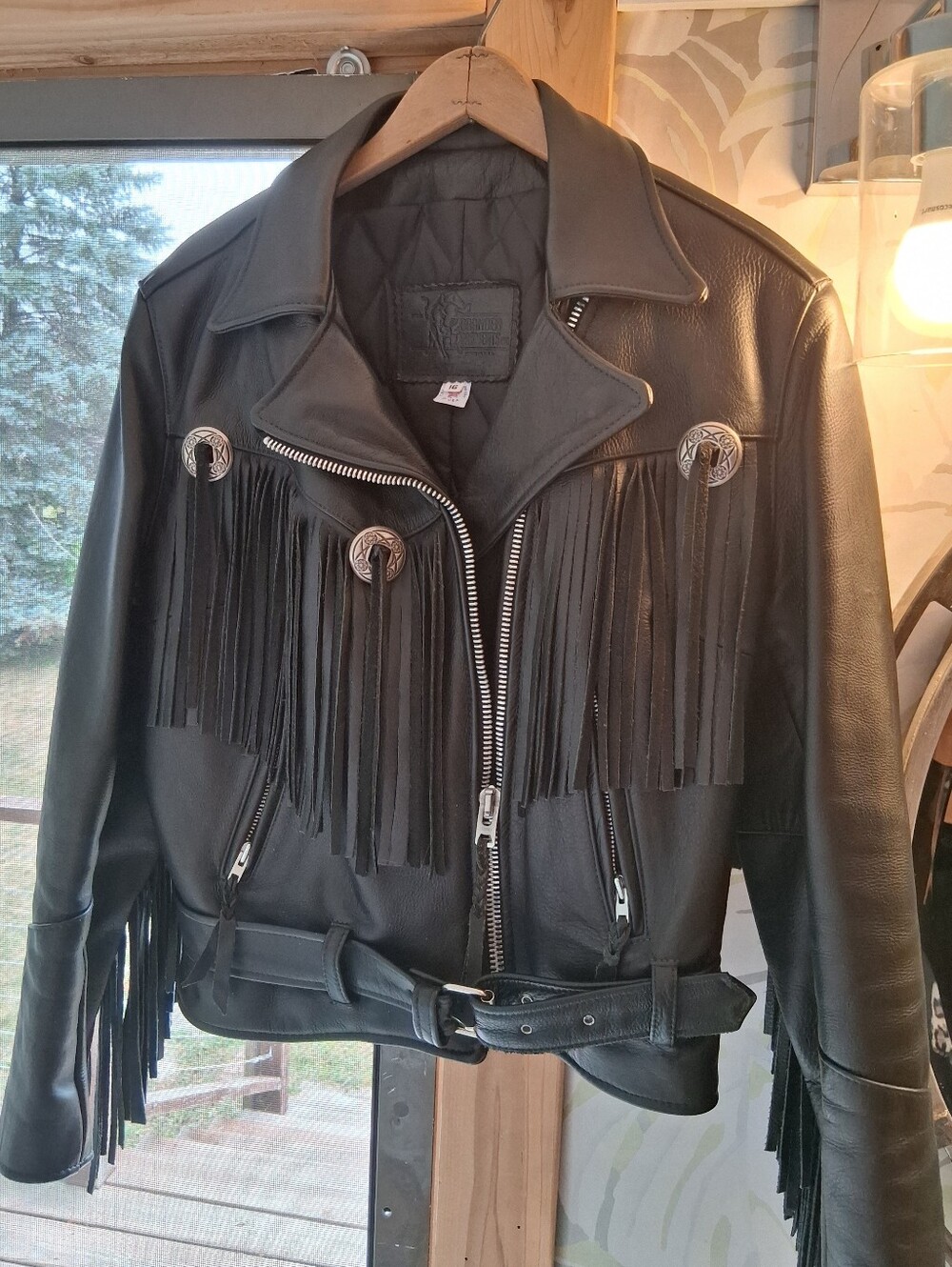 Black leather w/fringe, concha, zips, biker jacket - Women. BEAUTIFUL.